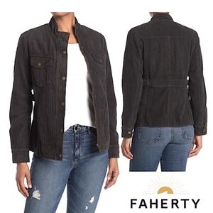Faherty Womens Corduroy Utility Jacket Gray Snap/ Zip Up Size L Military Chore